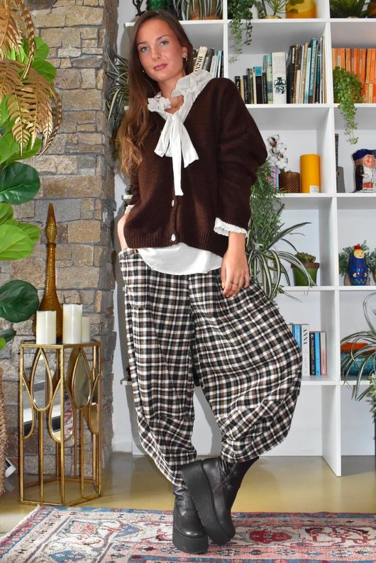 Jasper Plaid Brushed Cotton Shelby Barrel Pant Black